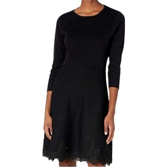 NEW w/tag Nanette Lepore Black Knit Embroidered Lace Trim Dress Size Large - Picture 3 of 10